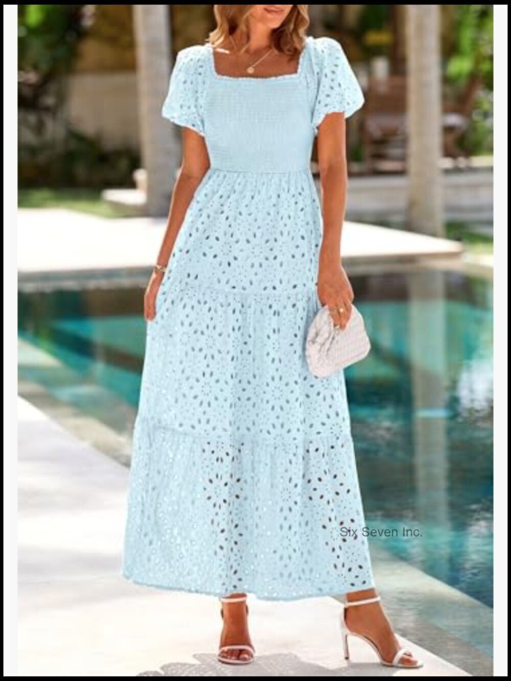 Cotton Eyelet Square Neck Puff Sleeve Smocked Maxi Dress with Pockets - Picture 3 of 7
